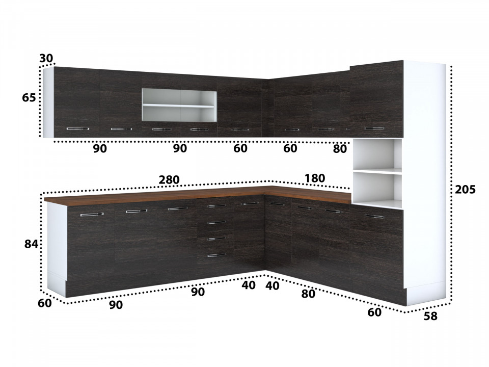 Bucatarie de colt Alfa, Corp inalt cuptor, Cu vitrina, Wenge, Blat termic nuc - 3 | YEO