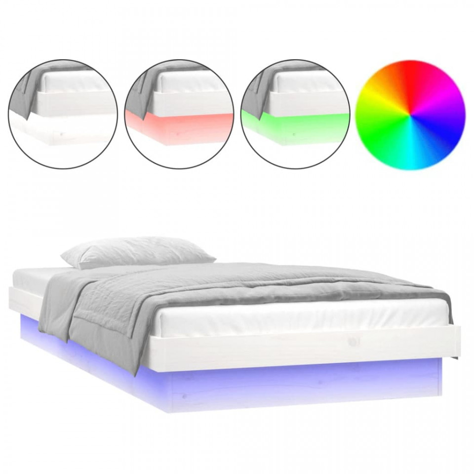Cadru de pat cu LED, alb, 90x200 cm, lemn masiv - 3 | YEO
