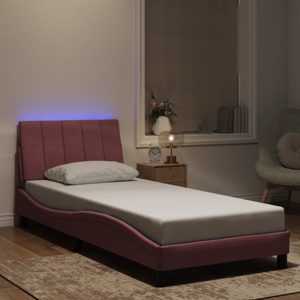 Cadru de pat cu lumini LED, roz, 90x200 cm, catifea