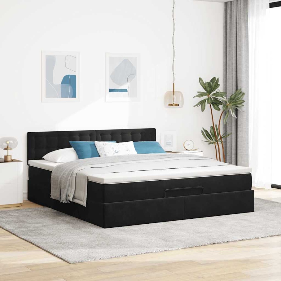 Cadru de pat otoman cu saltea, catifea neagră 180x200cm - 3 | YEO