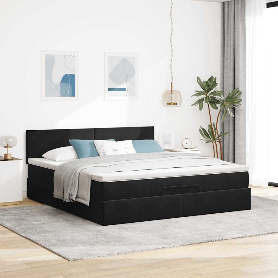 Cadru de pat otoman cu saltea, catifea neagră 180x200cm - 3 | YEO