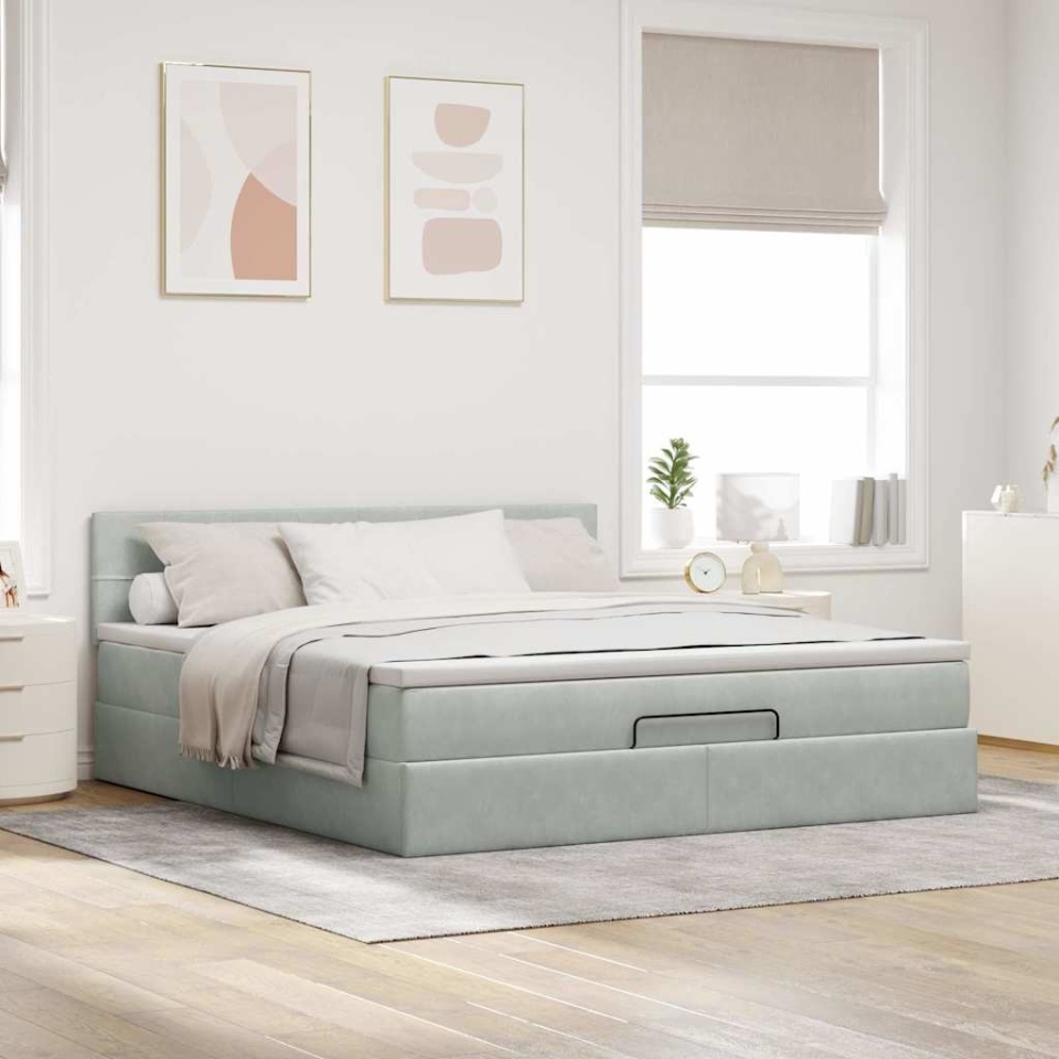 Cadru de pat otoman cu saltea Gri deschis 180x200cm catifea - 2 | YEO