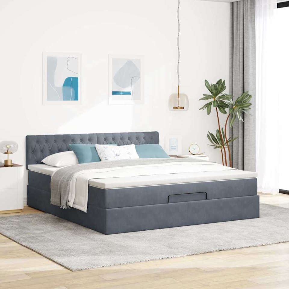 Cadru de pat otoman cu saltea Gri închis 180x200cm catifea - 3 | YEO
