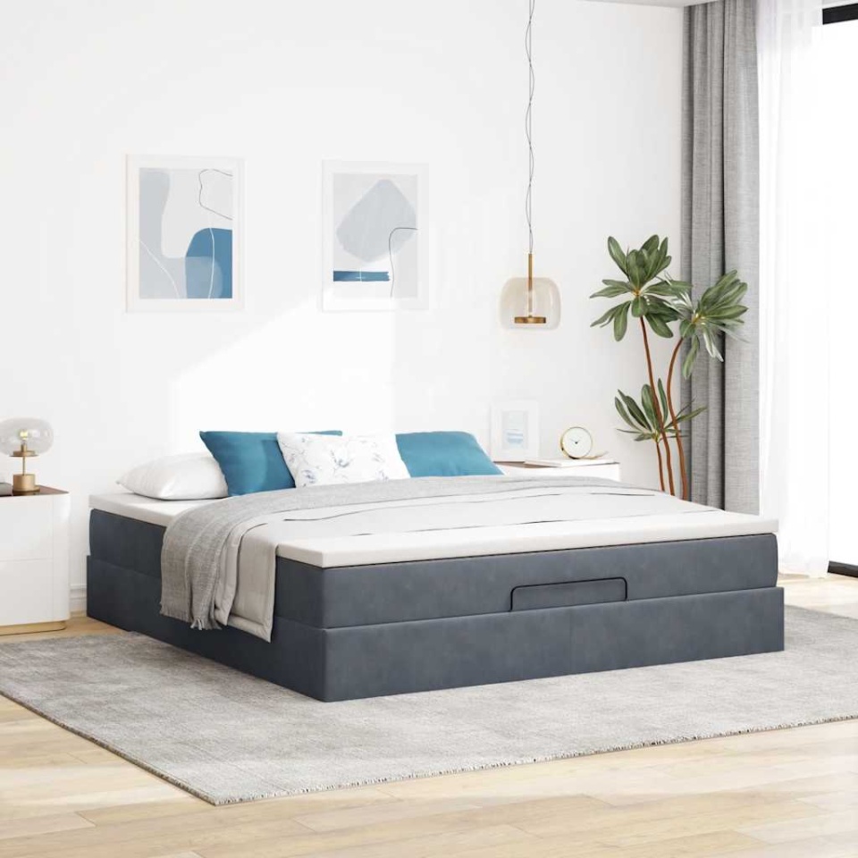Cadru de pat otoman cu saltea Gri închis 180x200cm catifea - 2 | YEO