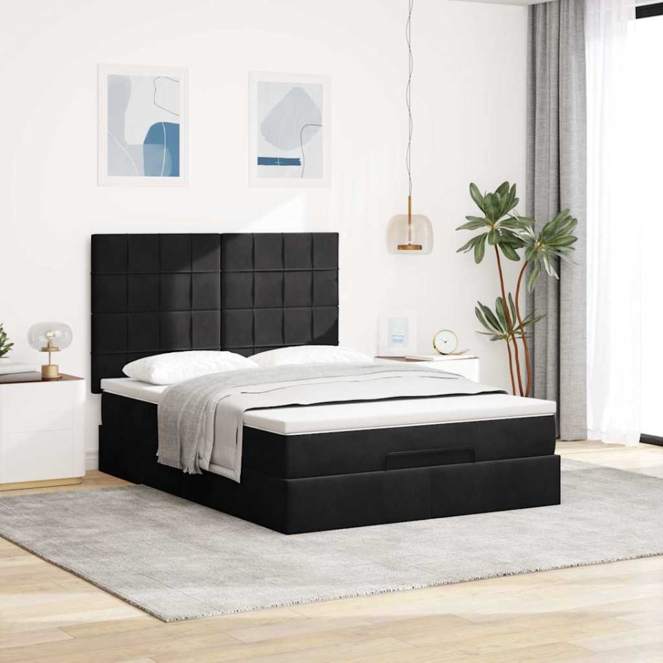 Cadru de pat otoman cu saltele, catifea neagră 140x200cm - 2 | YEO