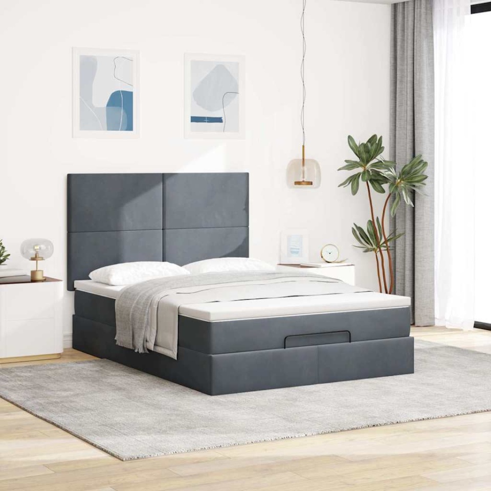 Cadru de pat otoman cu saltele Gri închis 140x200cm catifea - 2 | YEO