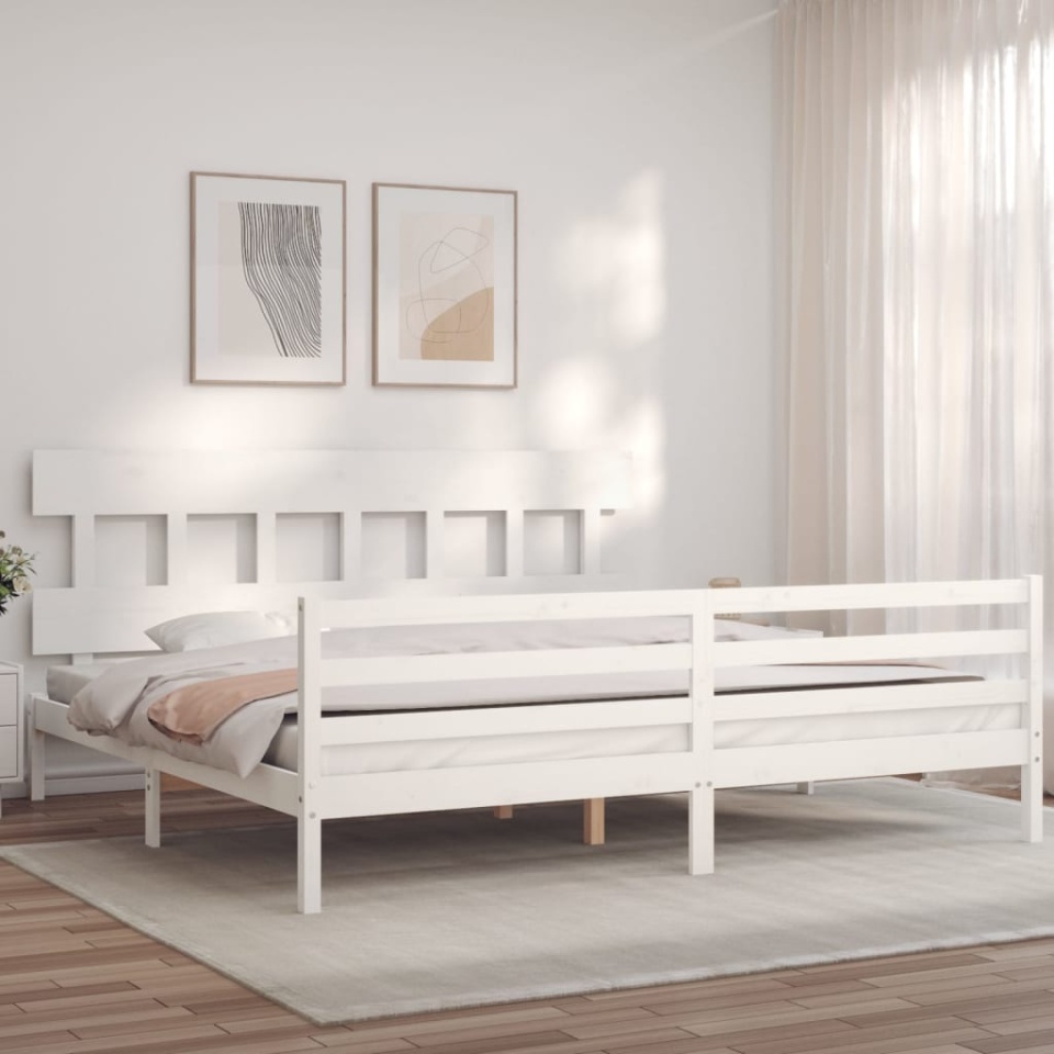 Cadru pat cu tăblie 200x200 cm, alb, lemn masiv - 2 | YEO
