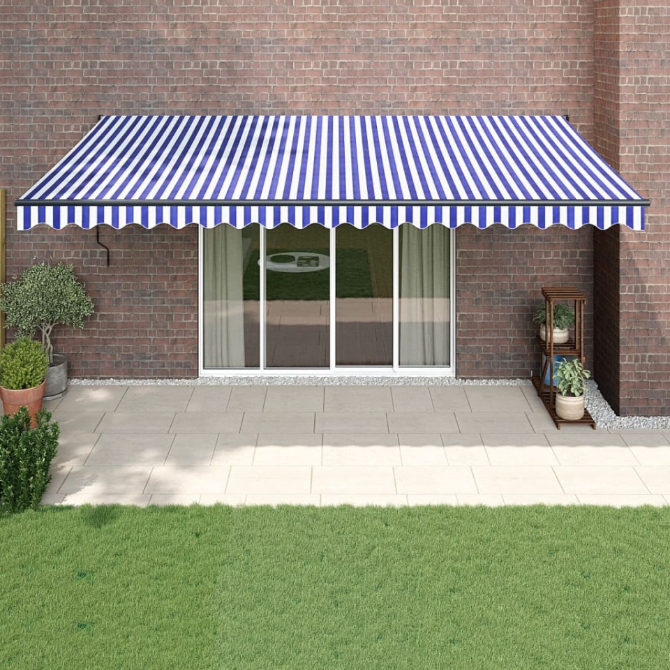 Copertină retractabilă automată, albastru și alb, 5x3 m