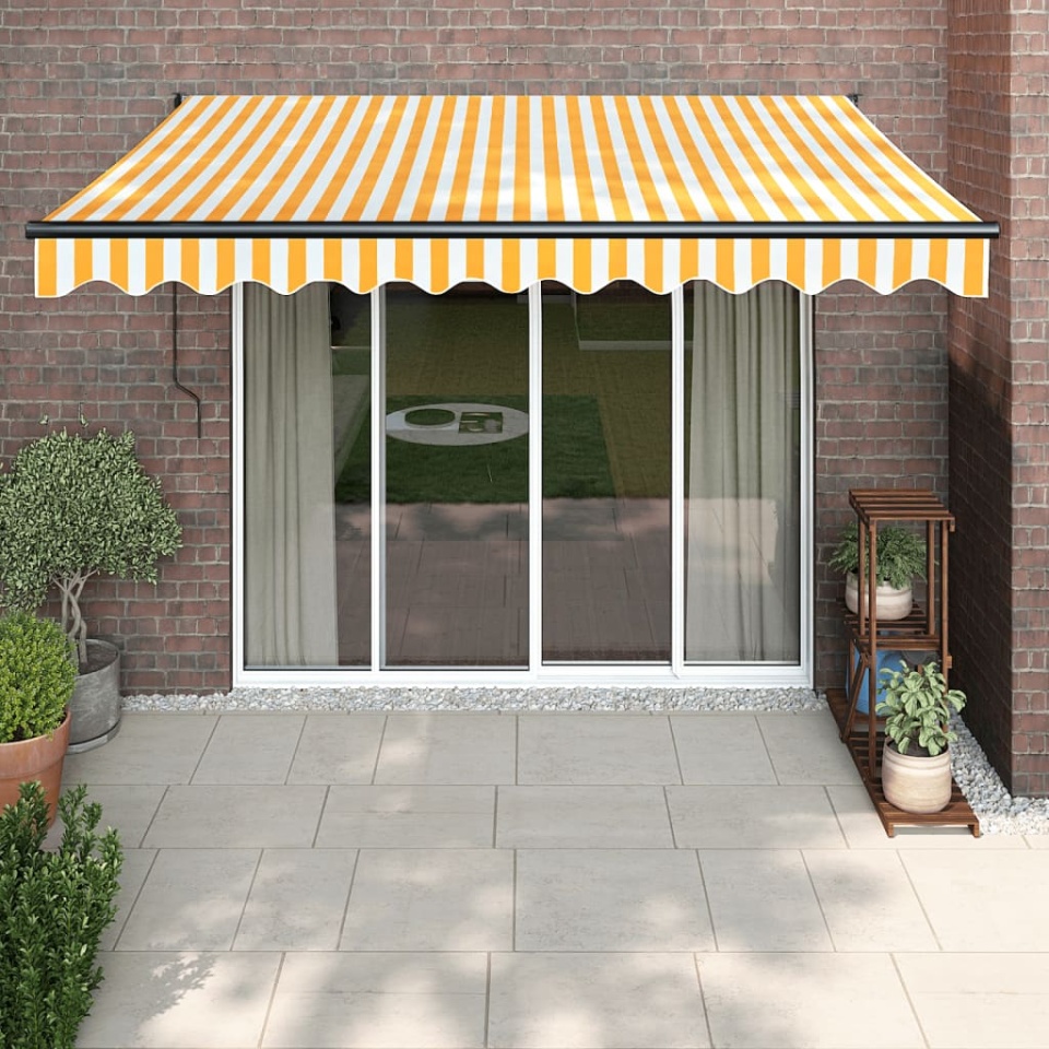 Copertină retractabilă automată, galben și alb, 3x2,5 m