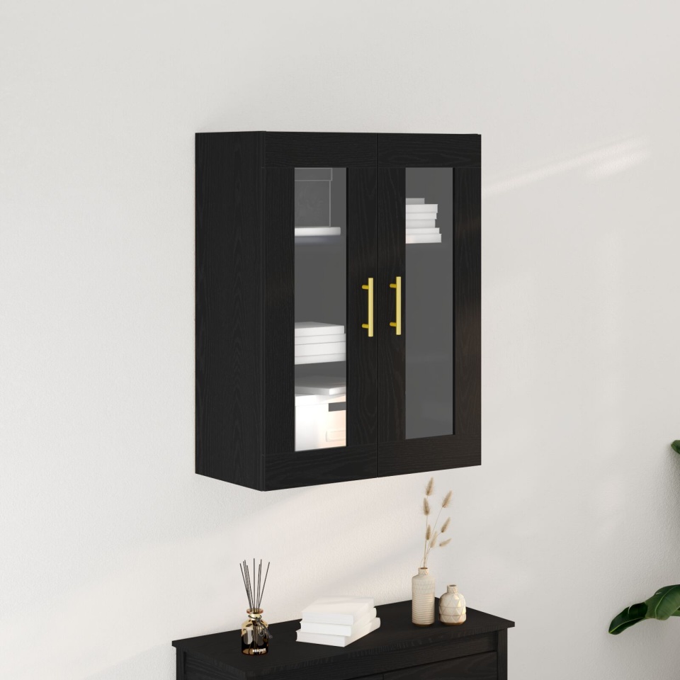 Dulap suspendat cu uși din sticlă Stejar negru 69,5x34x90 cm