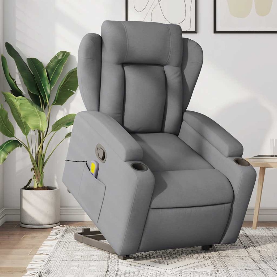 Fotoliu de masaj rabatabil cu ridicare, gri deschis, textil