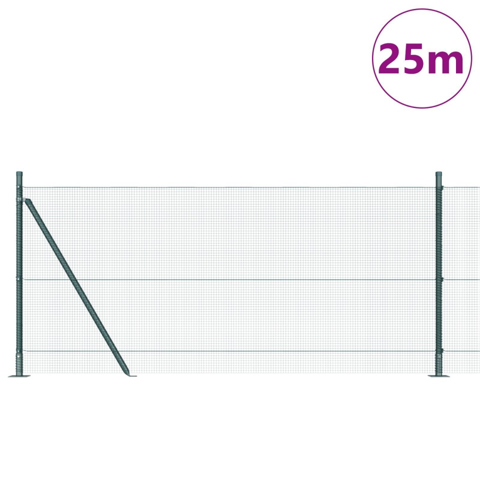 Gard din plasă sudată cu 13 stâlpi flansați Verde 0.8x25 m Oțel - 2 | YEO