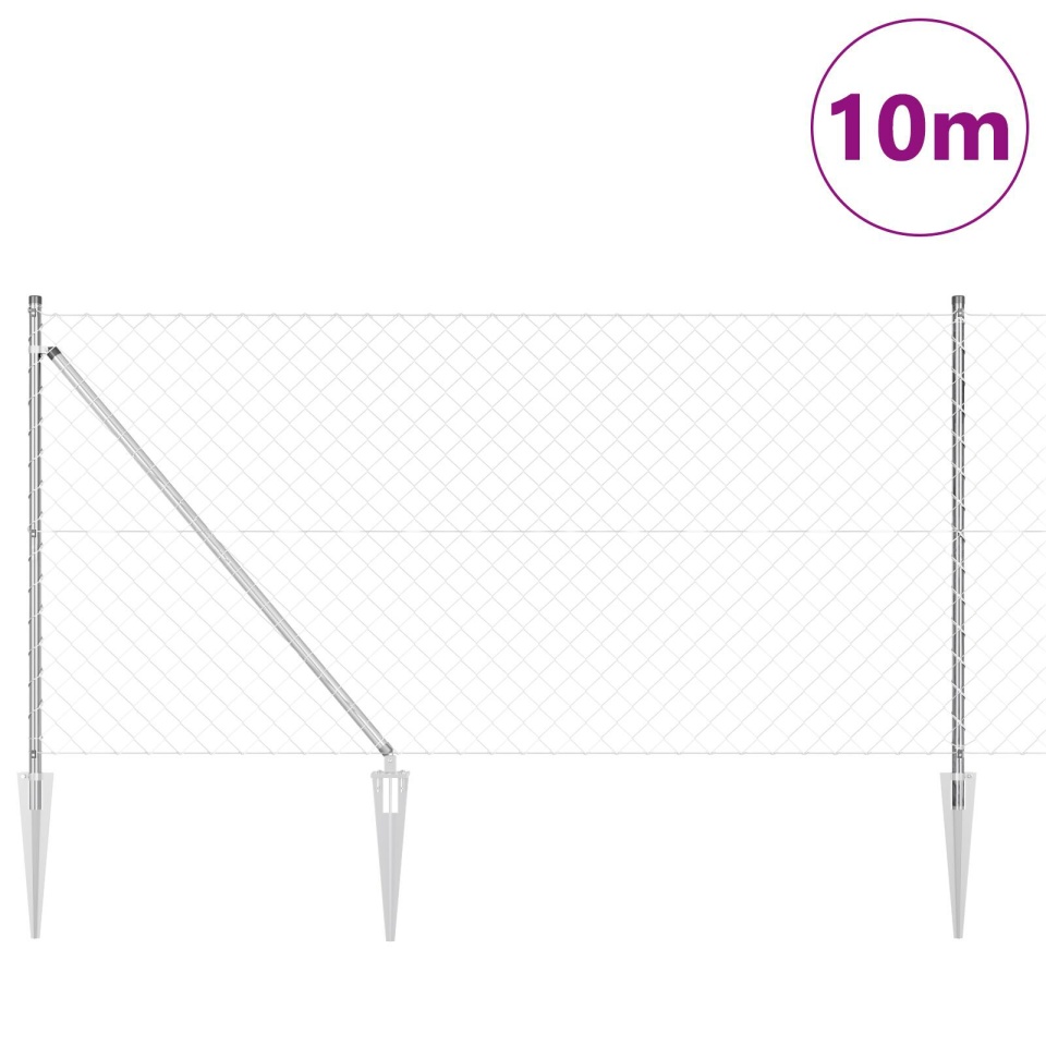 Împrejmuire cu lanț de sârmă cu 7 stâlpi de vârf 1x10 m din oțel galvanizat