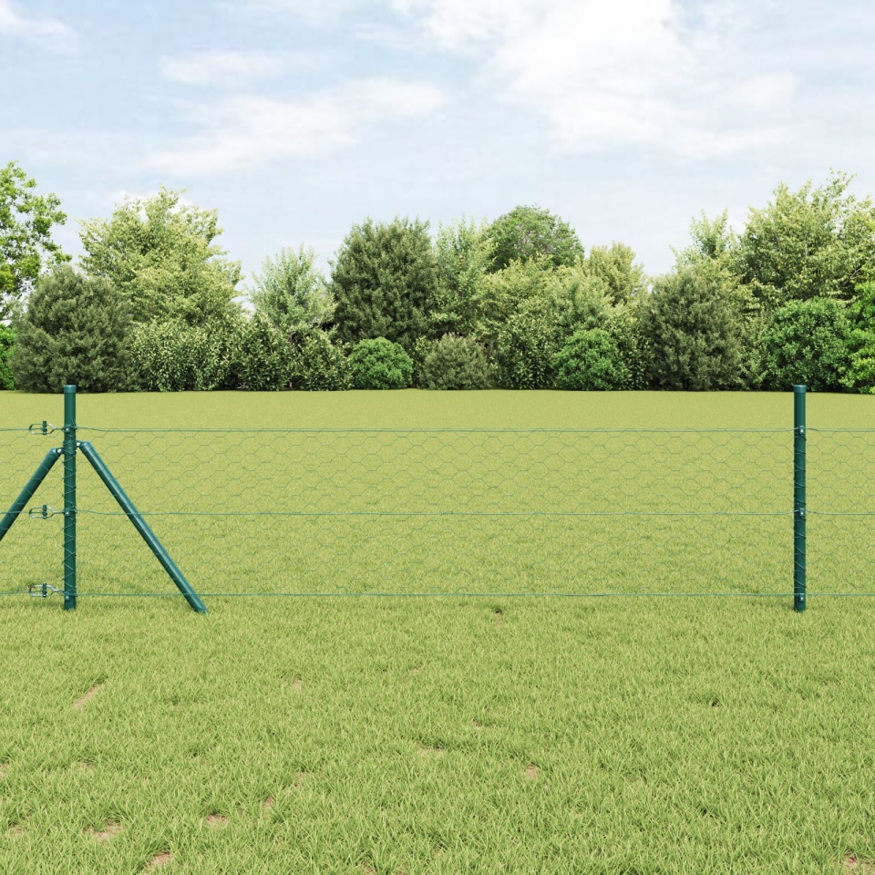 Împrejmuire Hexagonală Verde 1.4x25 m Oțel, Paliere de Împrejmuire 13 pcs Verde Ø32 mm 190 cm Oțel Galvanizat