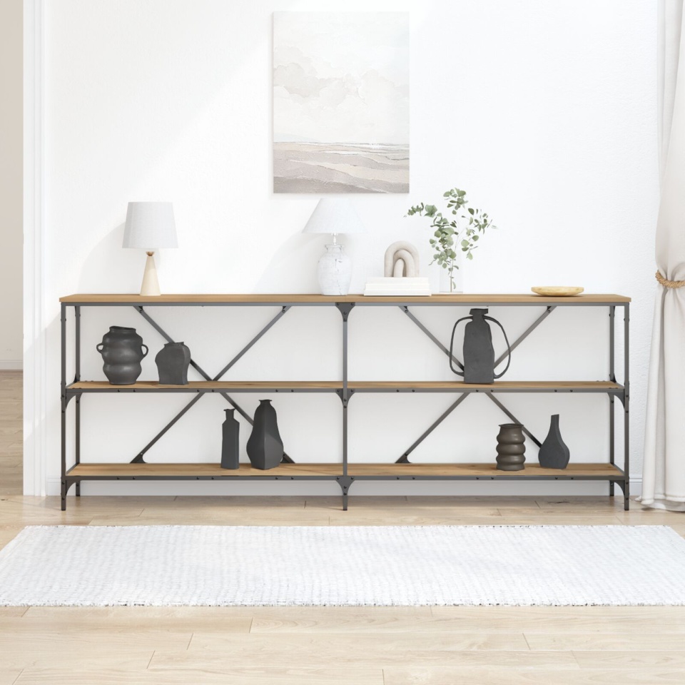 Masă de Consolă Stejar Artisan 200x30x75 cm Lemn Multistrat și Oțel - 3 | YEO