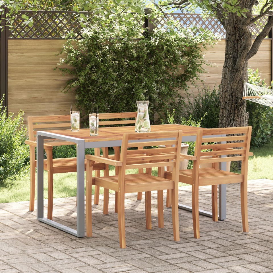 Masă de dining exterior Gri 140x80x75 cm Oțel și Lemn Masiv de Acacia