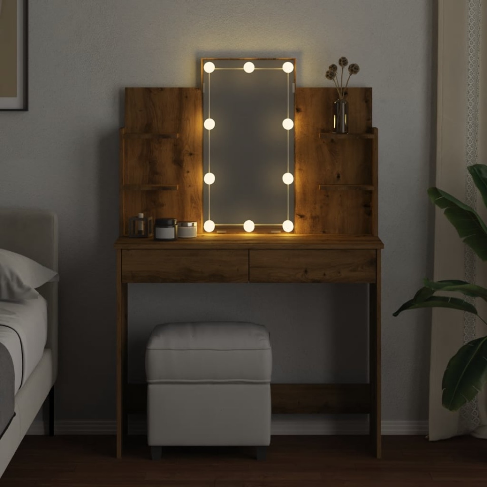 Masă de toaletă cu LED-uri, stejar artizanal, 96x40x142 cm - 3 | YEO