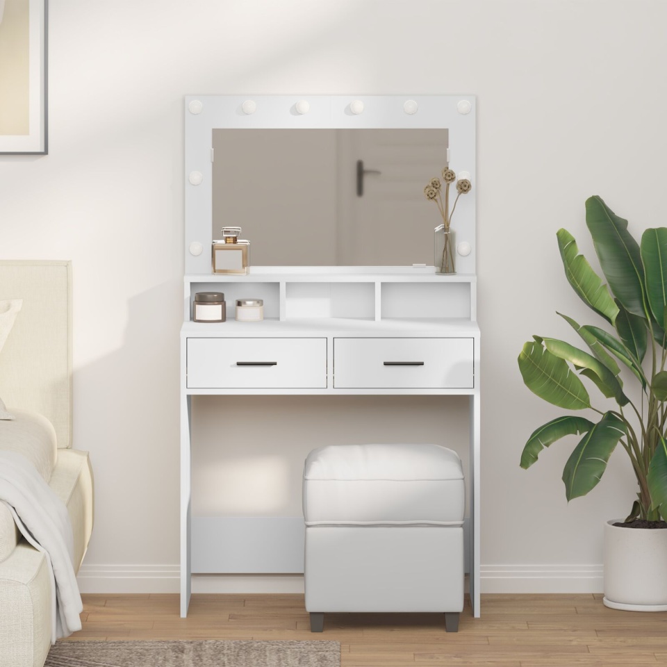 masa de toaletă cu lumini LED, alb, 79x41x135 cm