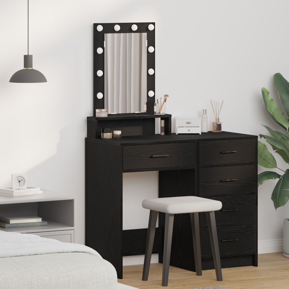 Masa de toaletă cu lumini LED, Negru Stejar, 50x41x140 cm