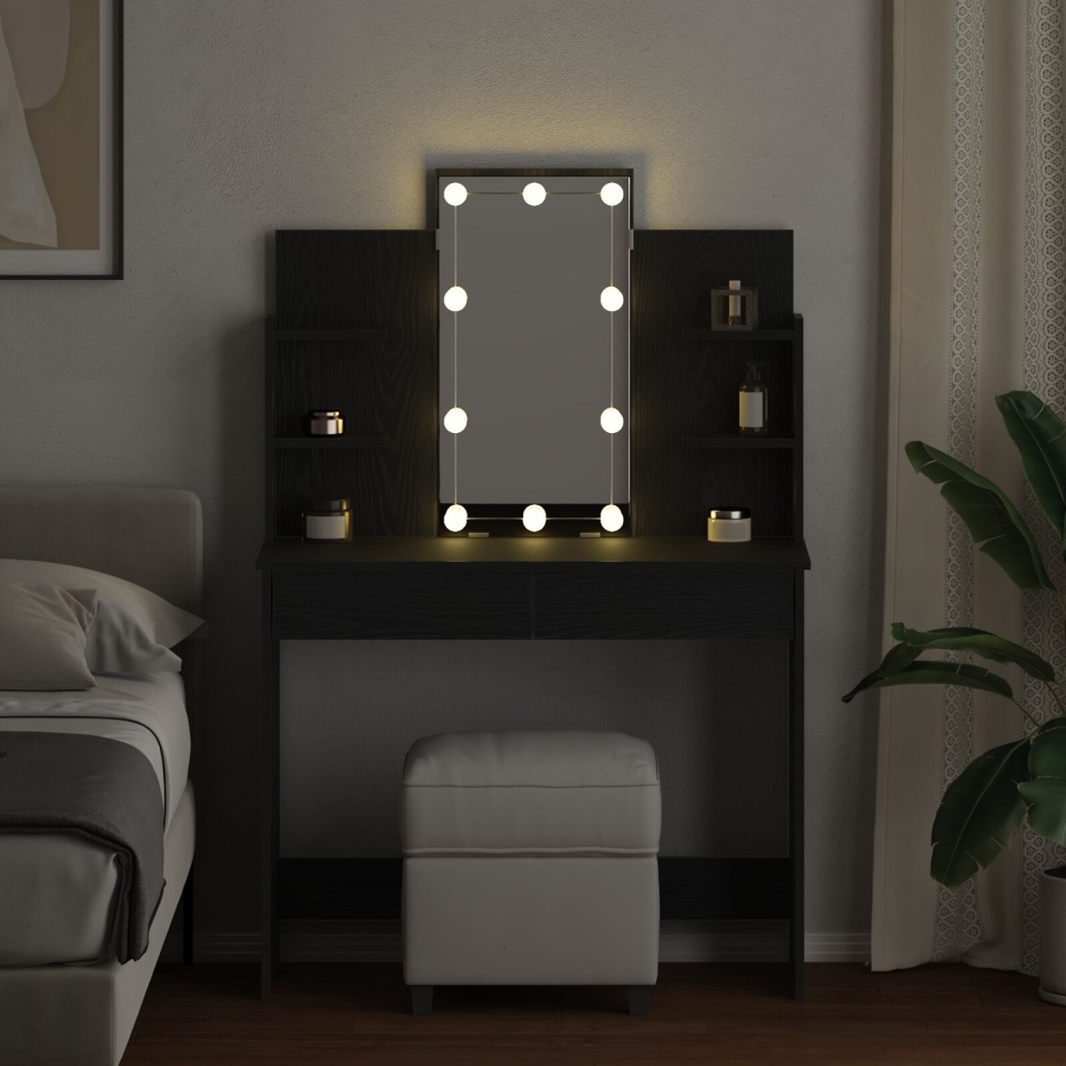 masa de toaletă cu lumini LED Negru Stejar 96x40x142 cm - 3 | YEO