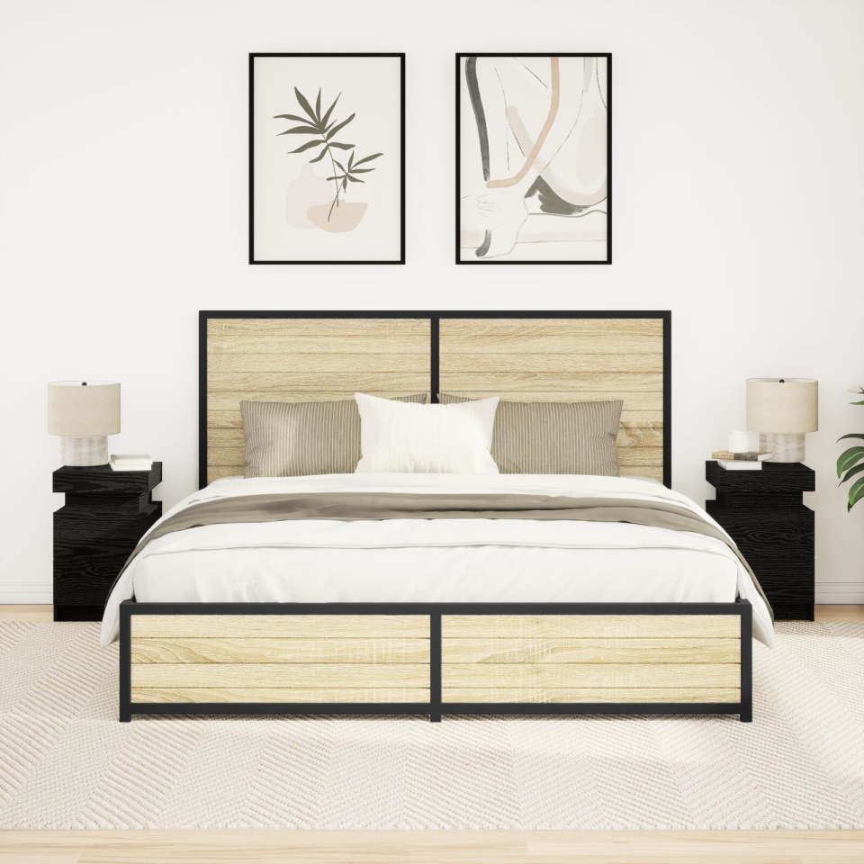 Noptieră cu lumini LED 2 buc Negru Stejar 35x39x55 cm