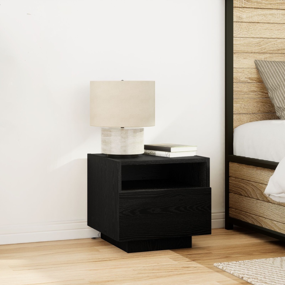 Noptieră cu lumini LED 2 buc Negru Stejar 40x39x37 cm