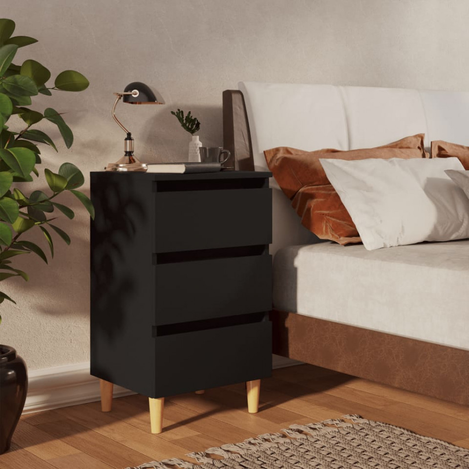 Noptiere cu picioare lemn masiv, 2 buc., negru, 40x35x69 cm - 1 | YEO