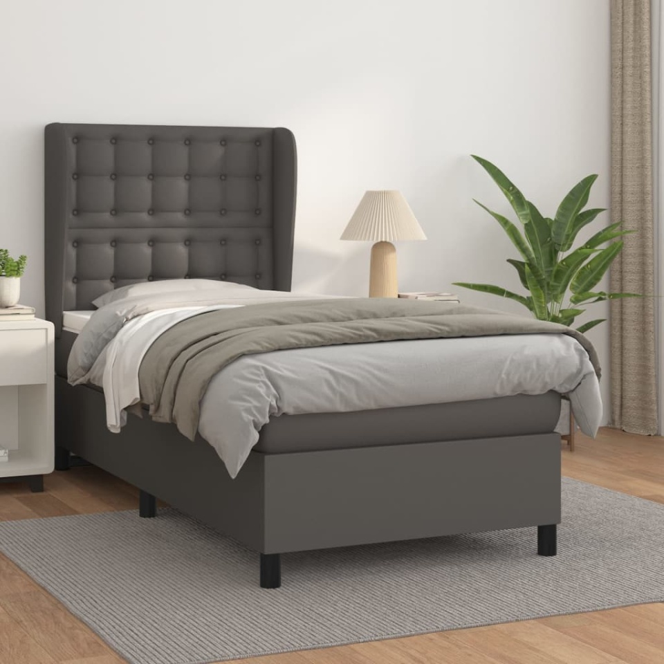 Pat box spring cu saltea, gri, 100x200 cm, piele ecologică