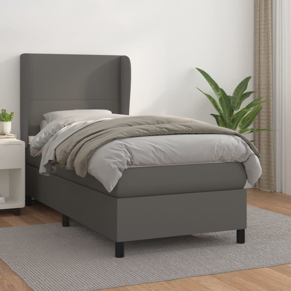 Pat box spring cu saltea, gri, 100x200 cm, piele ecologică