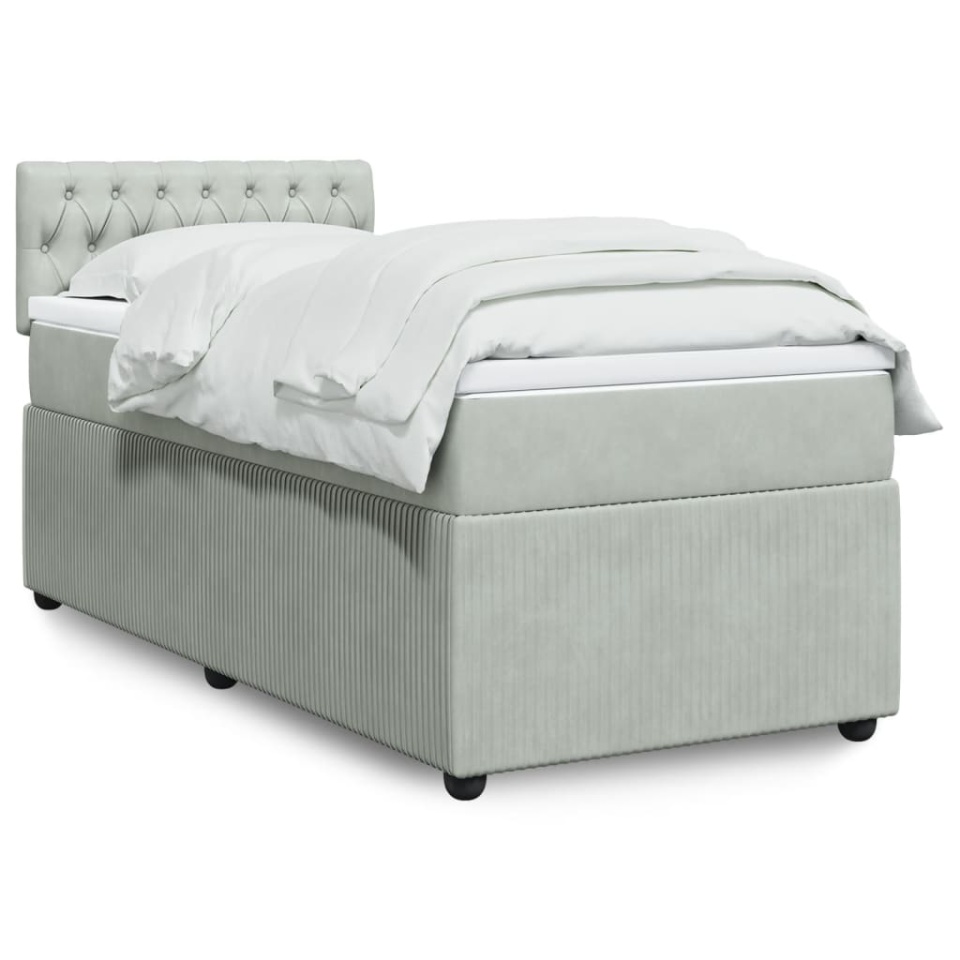 Pat box spring cu saltea, gri deschis, 100x200 cm, catifea
