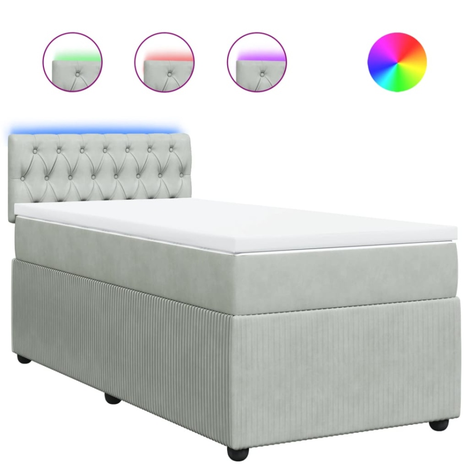 Pat box spring cu saltea, gri deschis, 100x200 cm, catifea - 1 | YEO