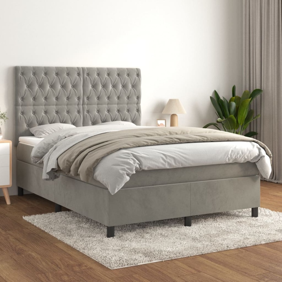 Pat box spring cu saltea, gri deschis, 140x190 cm, catifea