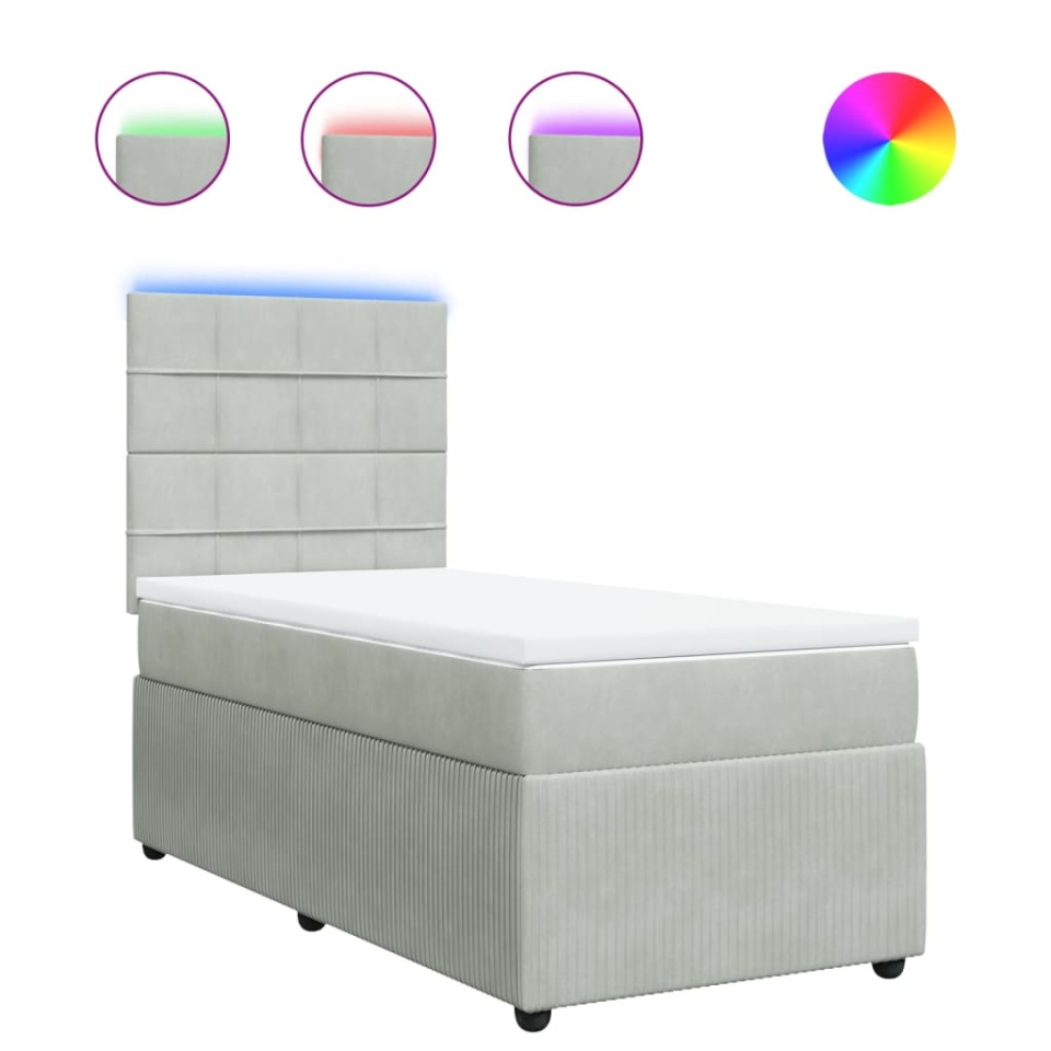 Pat box spring cu saltea, gri deschis, 90x200 cm, catifea - 1 | YEO