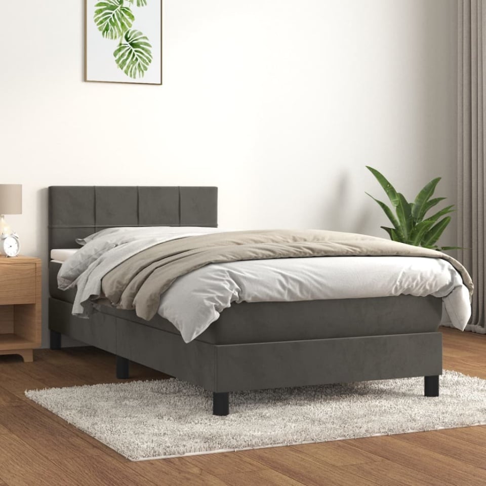 Pat box spring cu saltea, gri închis, 90x190 cm, catifea