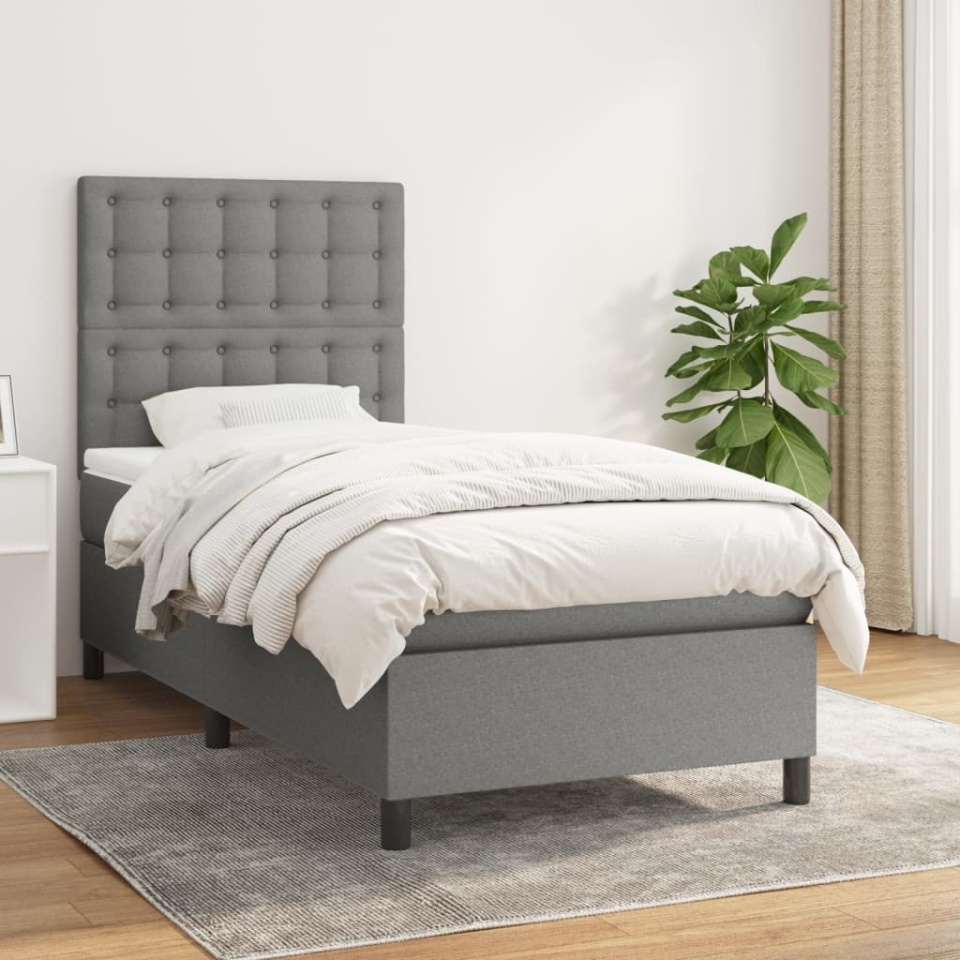 Pat box spring cu saltea, gri inchis, 90x190 cm, textil