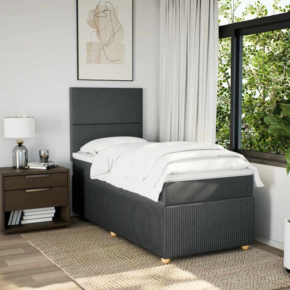 Pat box spring cu saltea, gri închis, 90x190 cm, textil