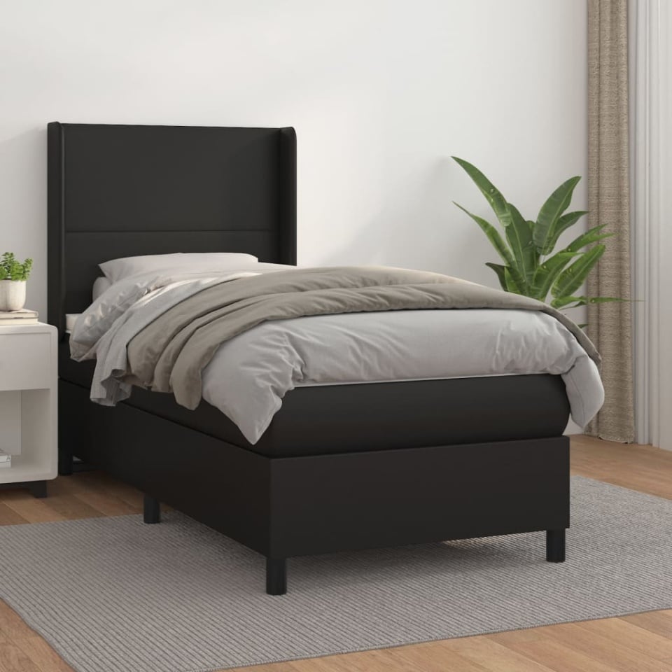 Pat continental cu saltea, negru, 80x200 cm, piele ecologică