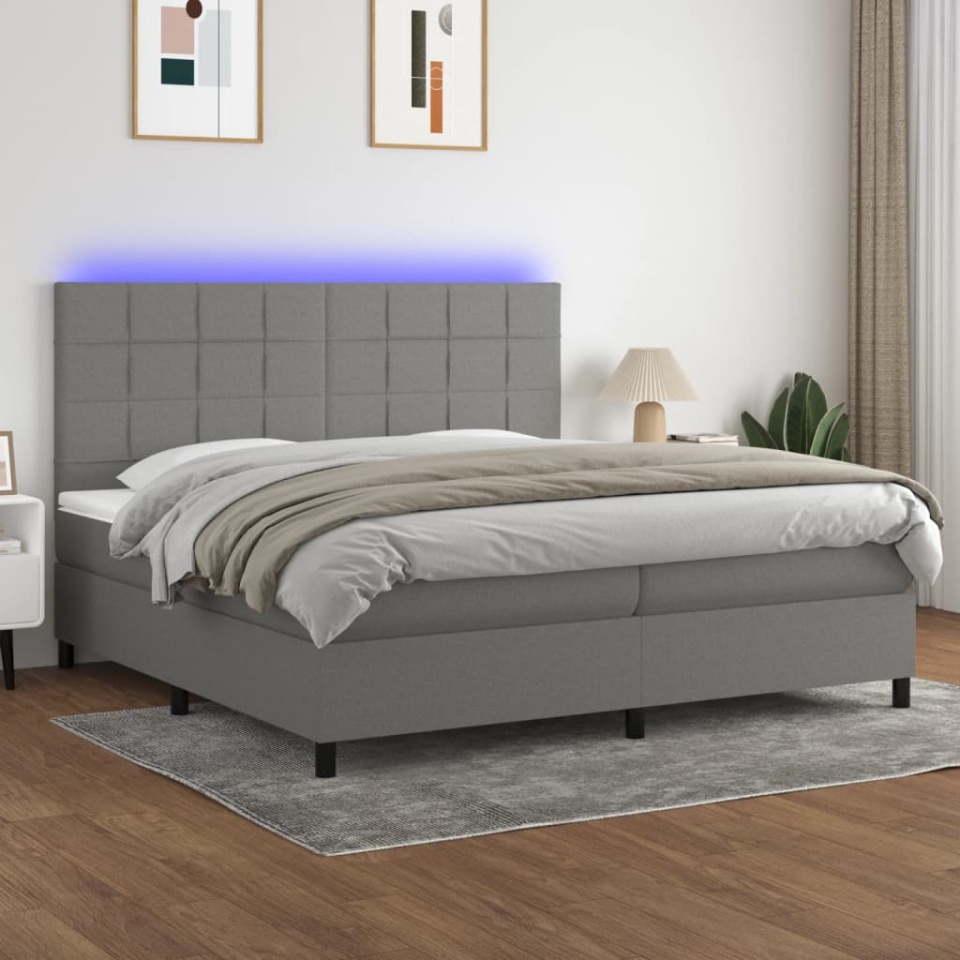 Pat cu arcuri, saltea și LED, gri închis, 200x200 cm, textil - 3 | YEO