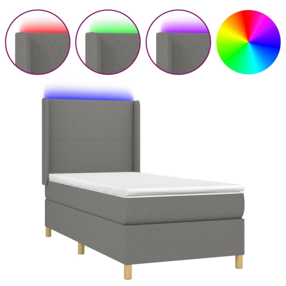 Pat cu arcuri, saltea și LED, gri închis, 90x190 cm, textil - 1 | YEO