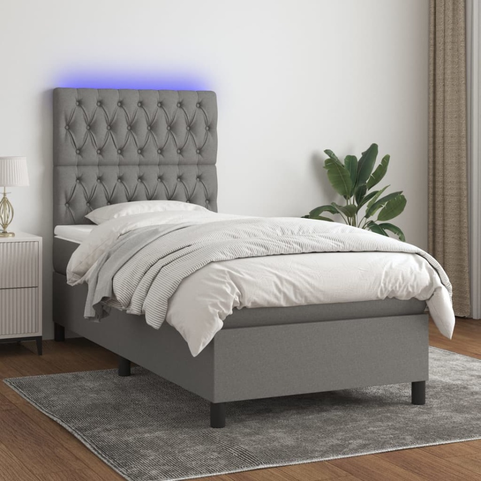 Pat cu arcuri, saltea și LED, gri închis, 90x190 cm, textil