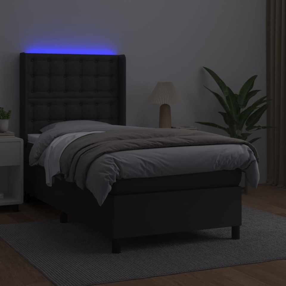 Pat cu arcuri, saltea și LED, negru, 100x200cm, piele ecologică - 2 | YEO