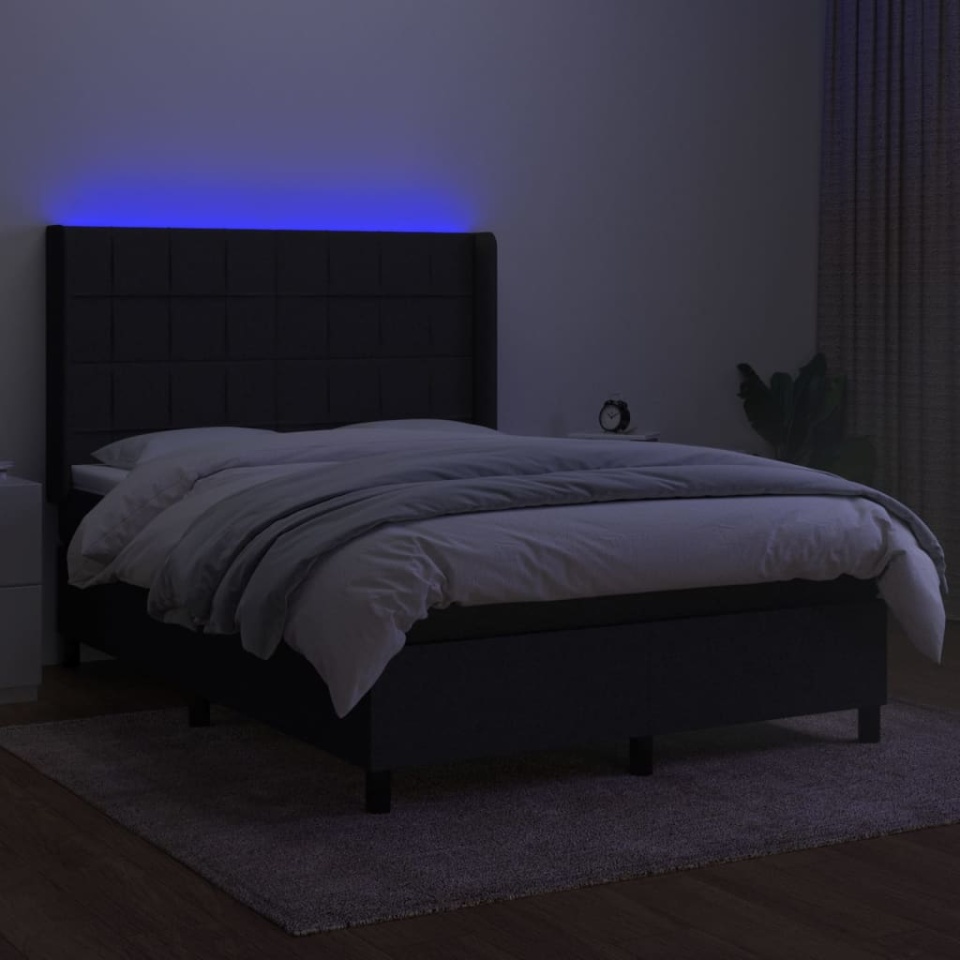 Pat cu arcuri, saltea și LED, negru, 140x190 cm, textil - 2 | YEO