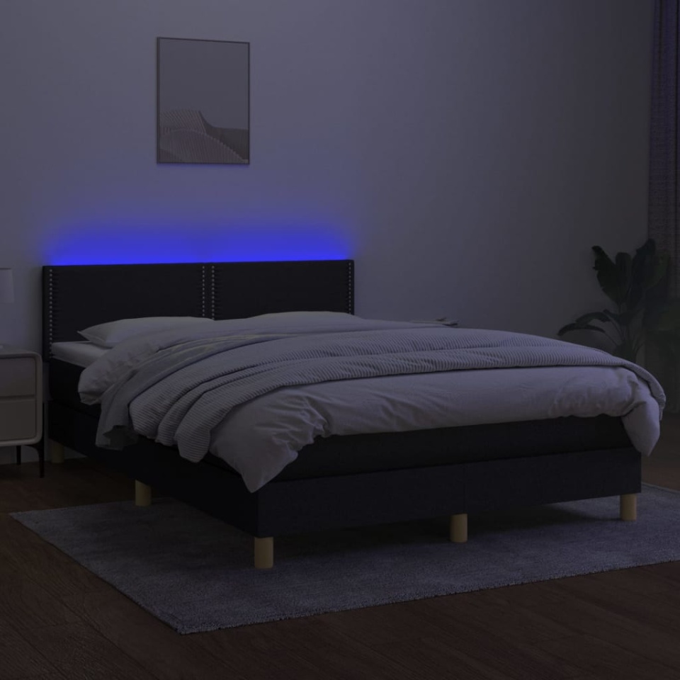 Pat cu arcuri, saltea și LED, negru, 140x190 cm, textil - 2 | YEO