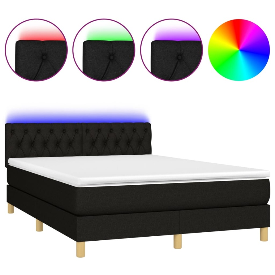 Pat cu arcuri, saltea și LED, negru, 140x190 cm, textil - 1 | YEO