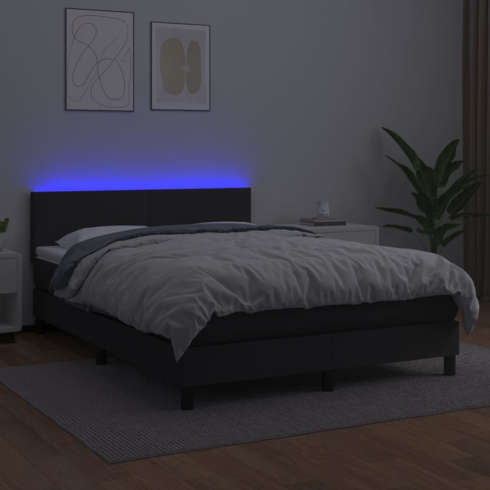 Pat cu arcuri, saltea și LED, negru, 140x200 cm, piele eco - 3 | YEO