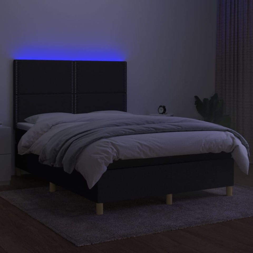 Pat cu arcuri, saltea și LED, negru, 140x200 cm, textil - 3 | YEO
