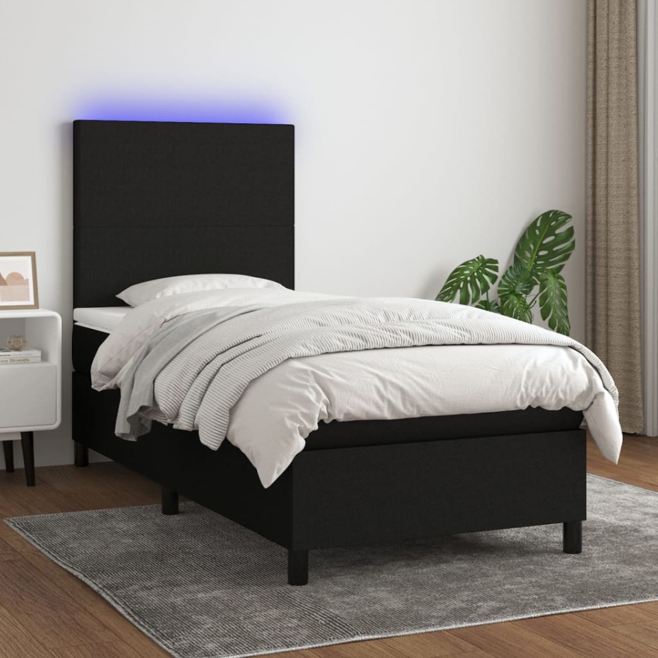 Pat cu arcuri, saltea și LED, negru, 80x200 cm, textil