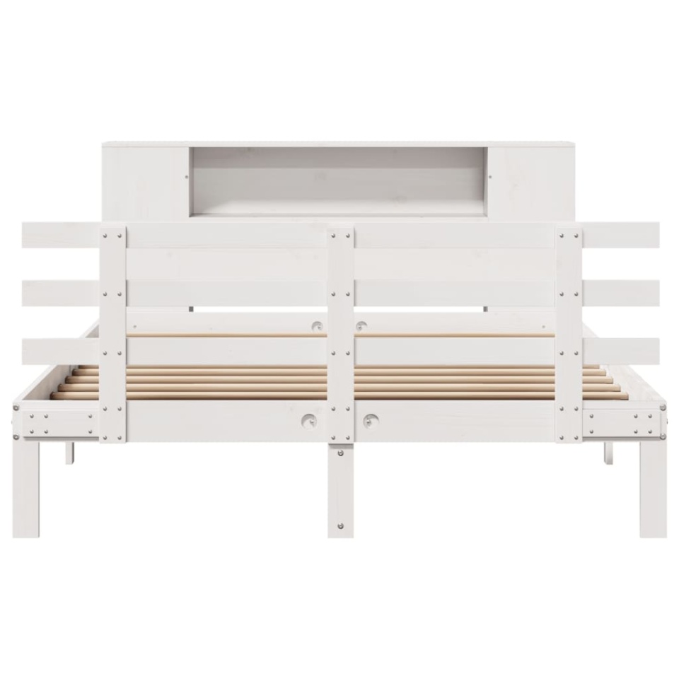 Pat cu bibliotecă fără saltea, alb, 140x190 cm, lemn masiv pin - 3 | YEO