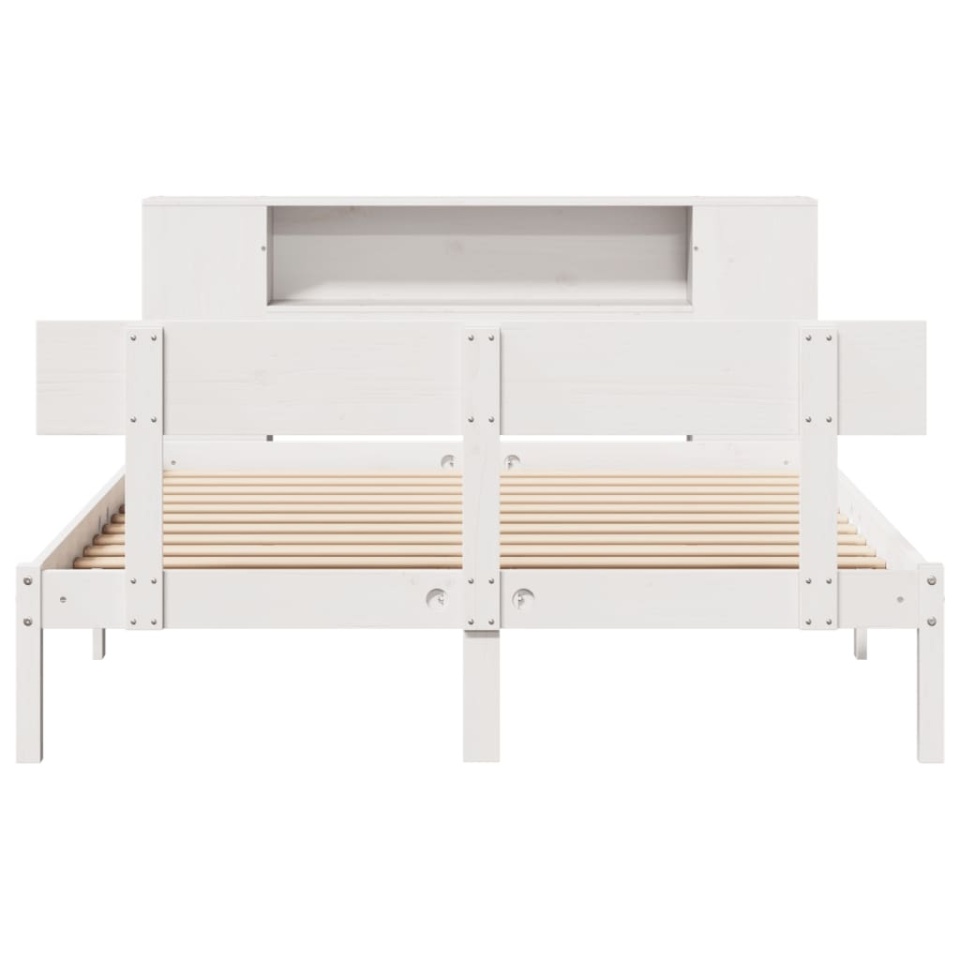 Pat cu bibliotecă fără saltea, alb, 140x190 cm, lemn masiv pin - 3 | YEO