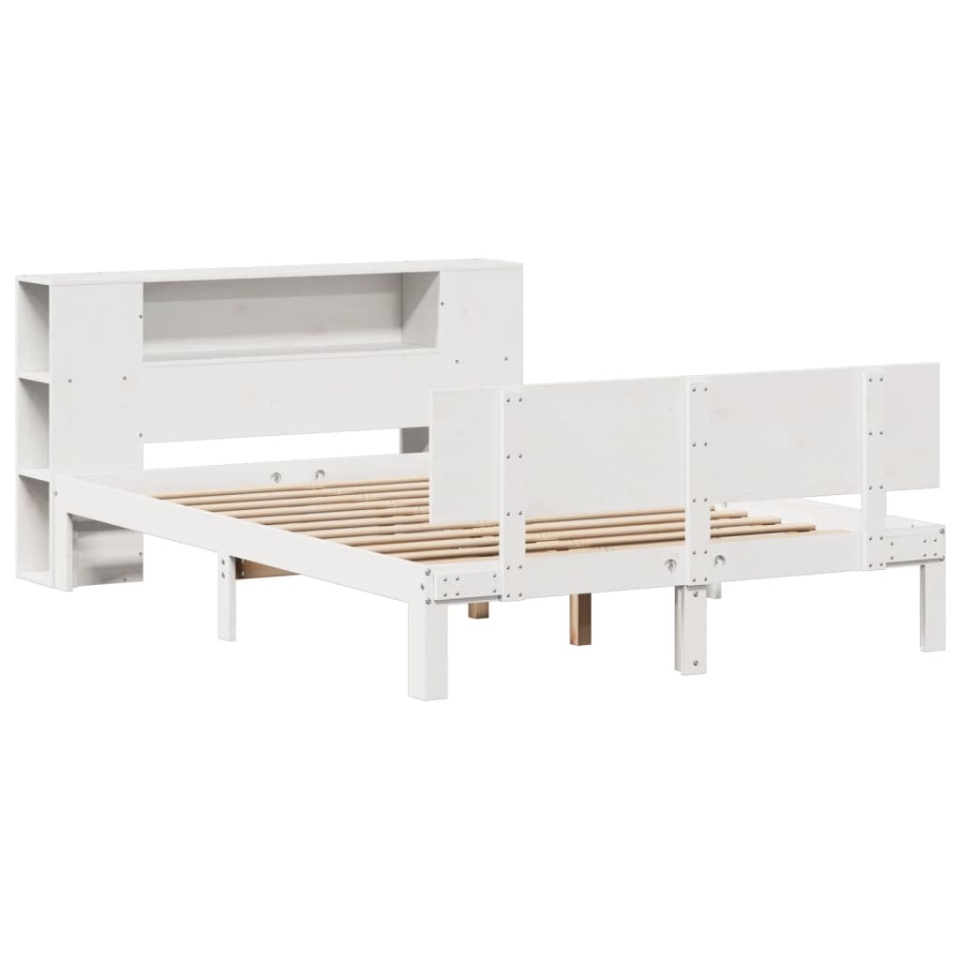 Pat cu bibliotecă fără saltea, alb, 140x190 cm, lemn masiv pin - 2 | YEO